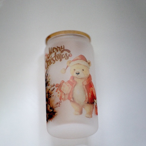Merry Christmas Glasses cup 16 oz glass cup with Straw & Bamboo Lid. - Picture 8 of 8